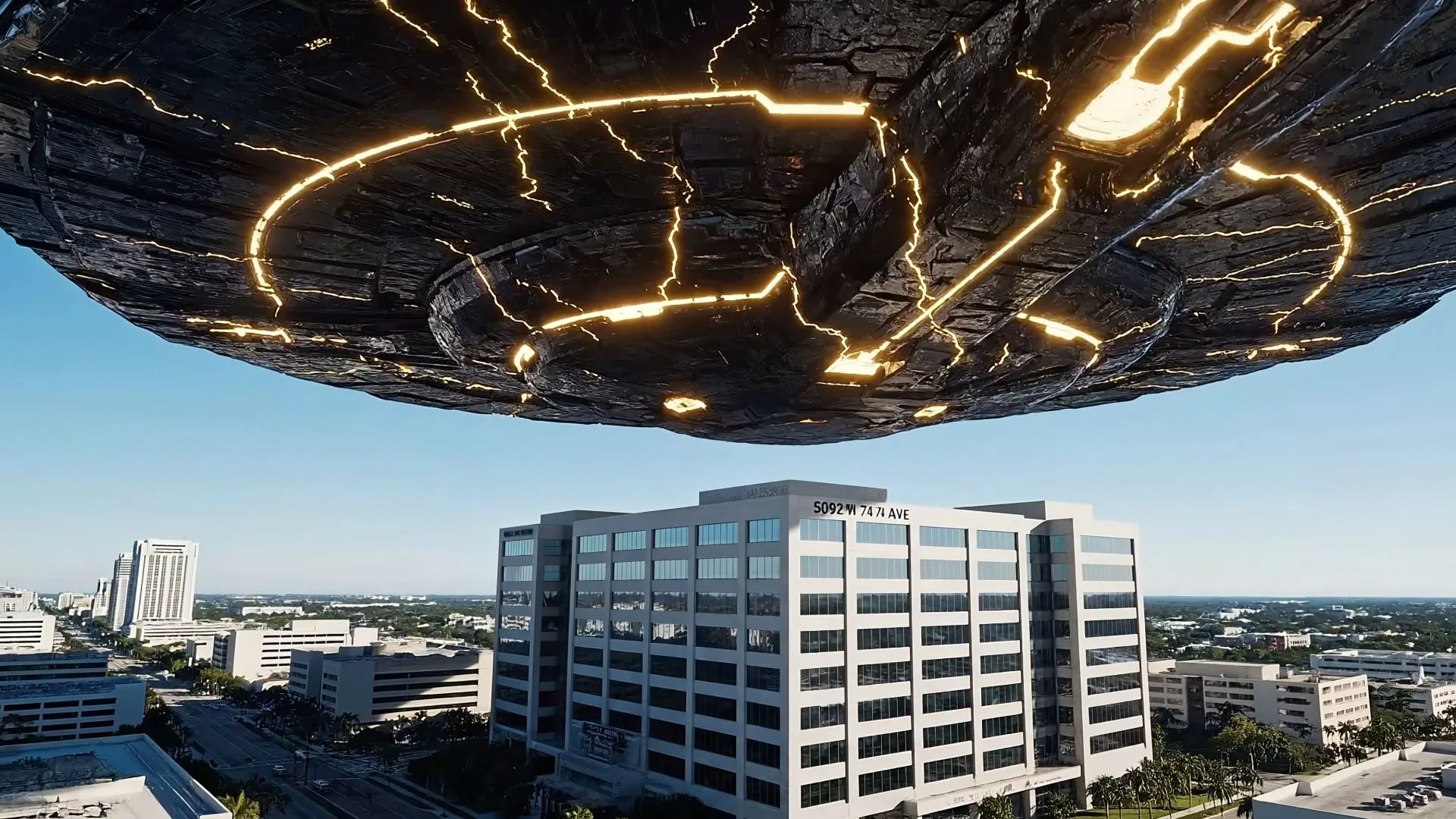 Una nave oscura con luces doradas flota sobre el edificio de la oficina de Valido Insurance en Miami